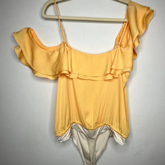 L'Academie Revolve Marigold Yellow Off Shoulder Ruffle Spaghetti Bodysuit Large - Picture 8 of 14